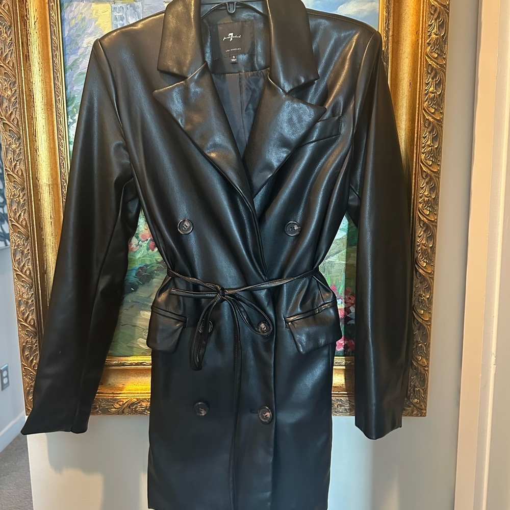7 For All Mankind Black Faux Leather Double-Breasted Jacket with tie.. New